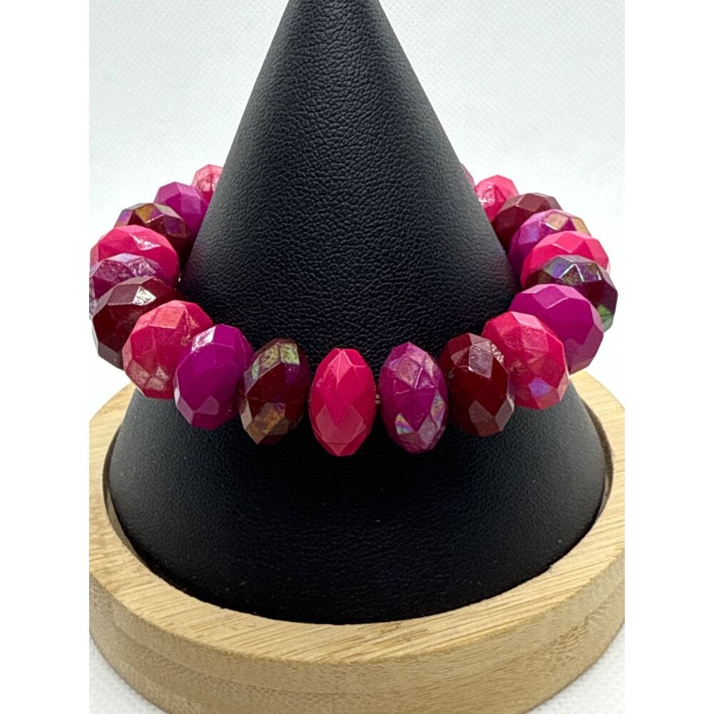 Faceted Pink & Red Beaded Stretch Bracelet For Women